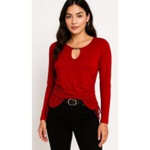 Fever Red Velvet Large Ruched Top  Long Sleeve Chain Keyhole Club Party Shirt